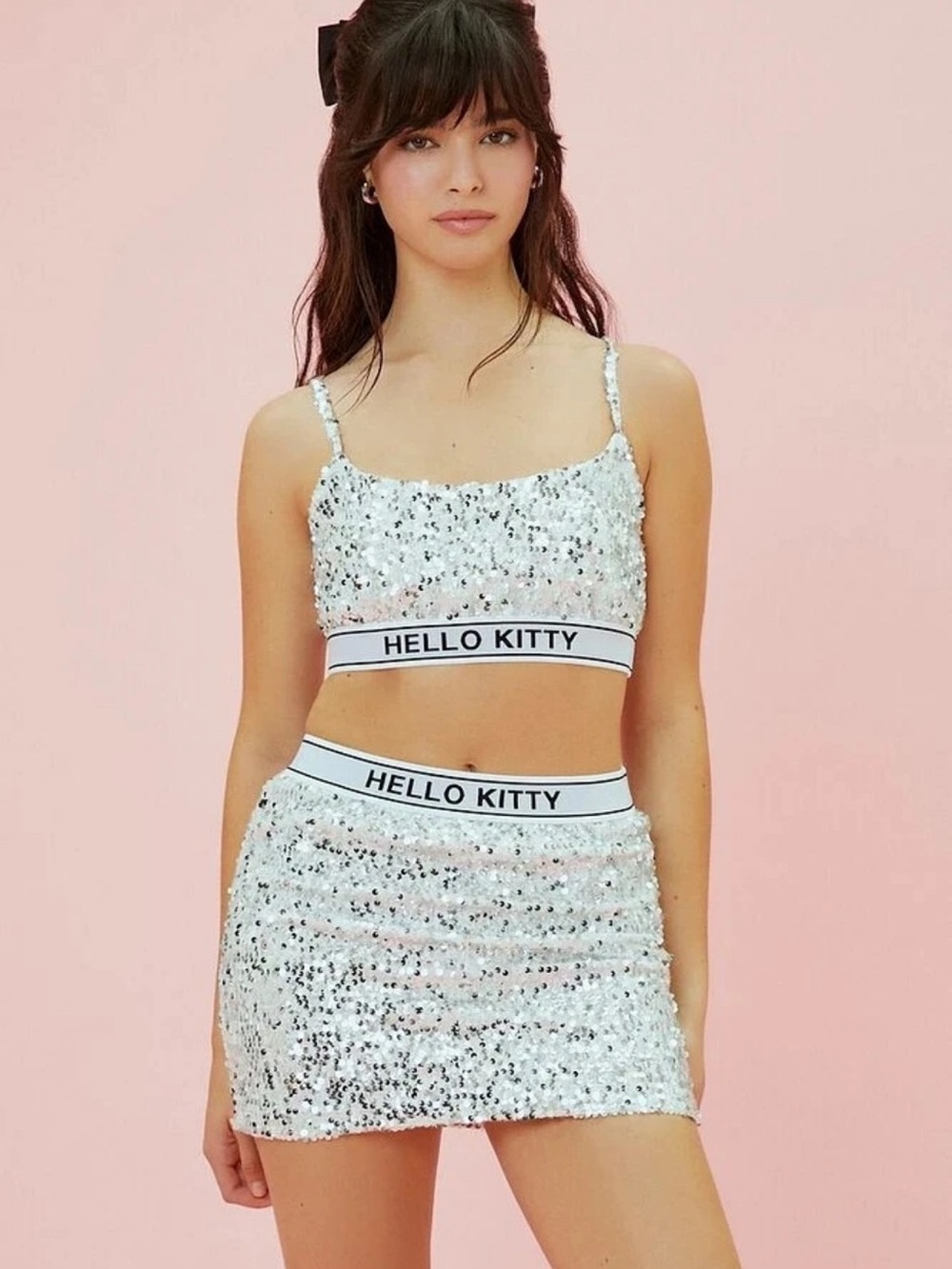 Forever 21 White and Silver Sequin Hello Kitty Crop Top and Skirt